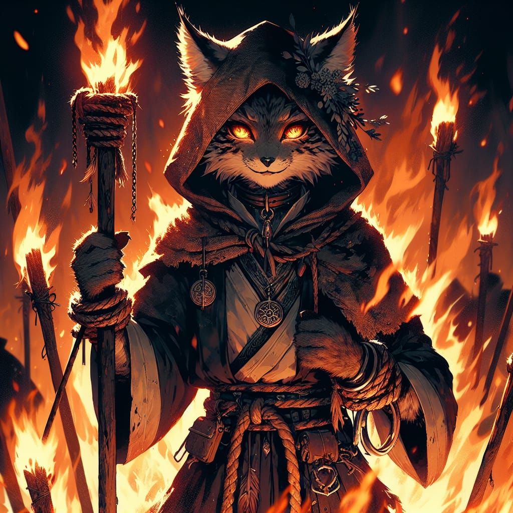 Feminine Lynx Ablaze: Dark Fantasy Anime Portrait