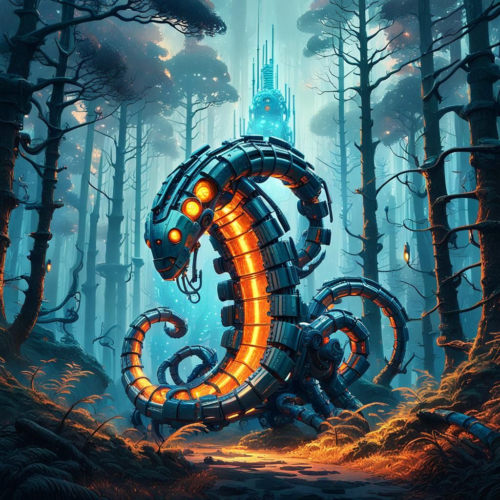 Cyberpunk Naga Emerges in Mystical Realm