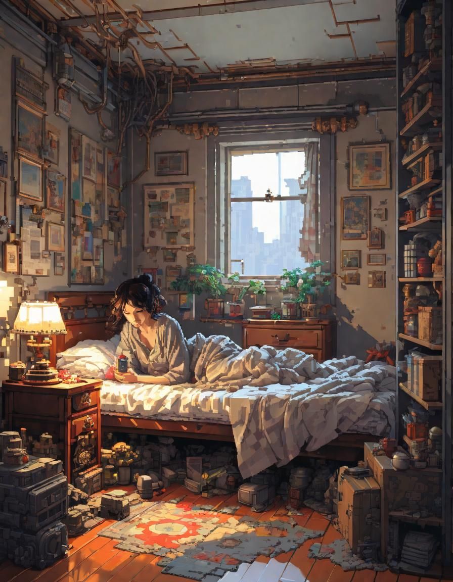 Pixel Art Girl in Messy Bedroom