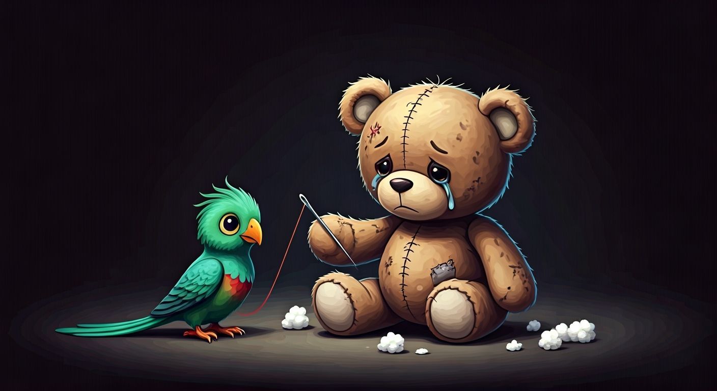 Sad Teddy Bear Reaches for Thread: Children's Illustration