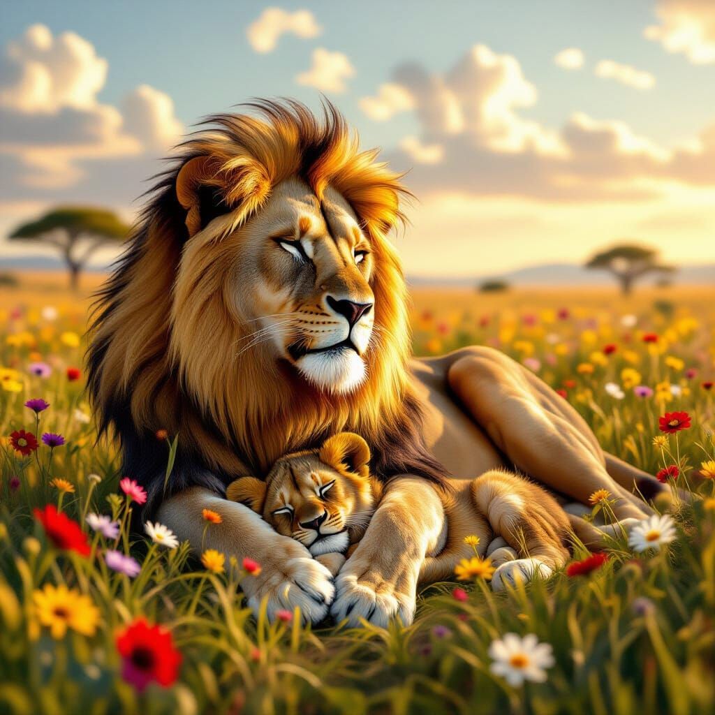 Lioness and Cub in Wildflower Field