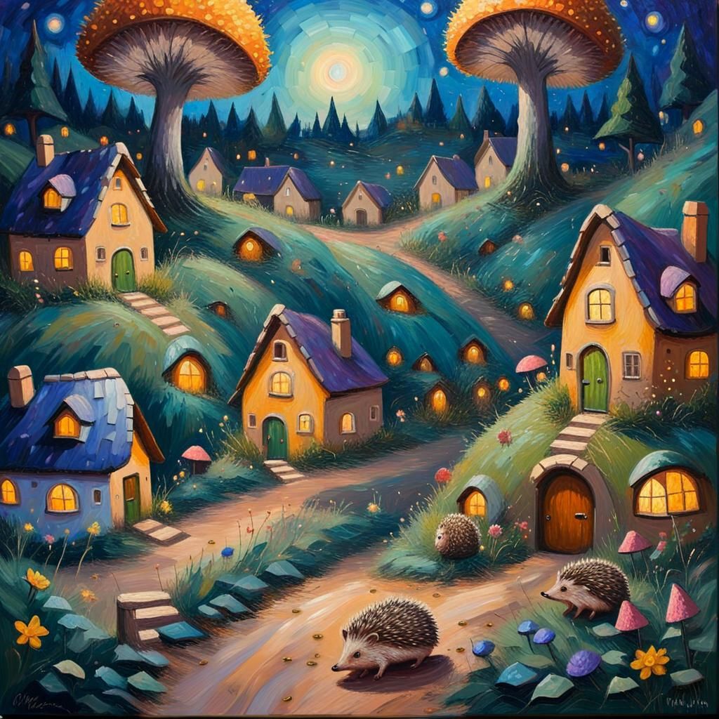 Enchanted Fairy Village in Expressionist Oil Painting