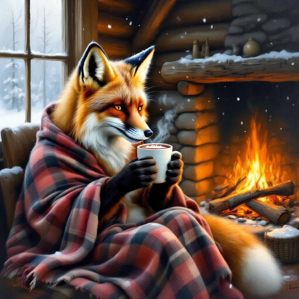 Fox Sipping Cocoa in Cozy Winter Cabin