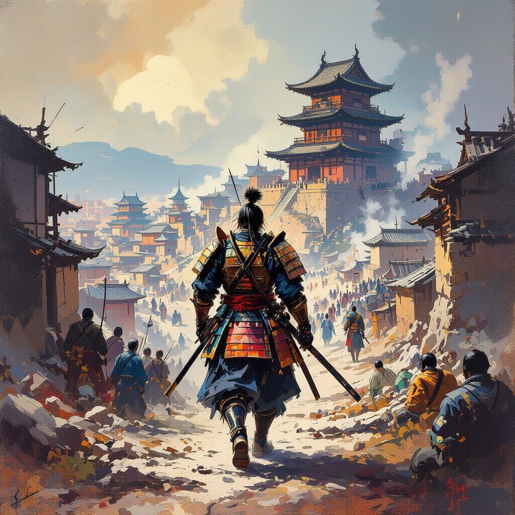 Samurai Warrior in Ruined Kingdom: Epic Oil Painting