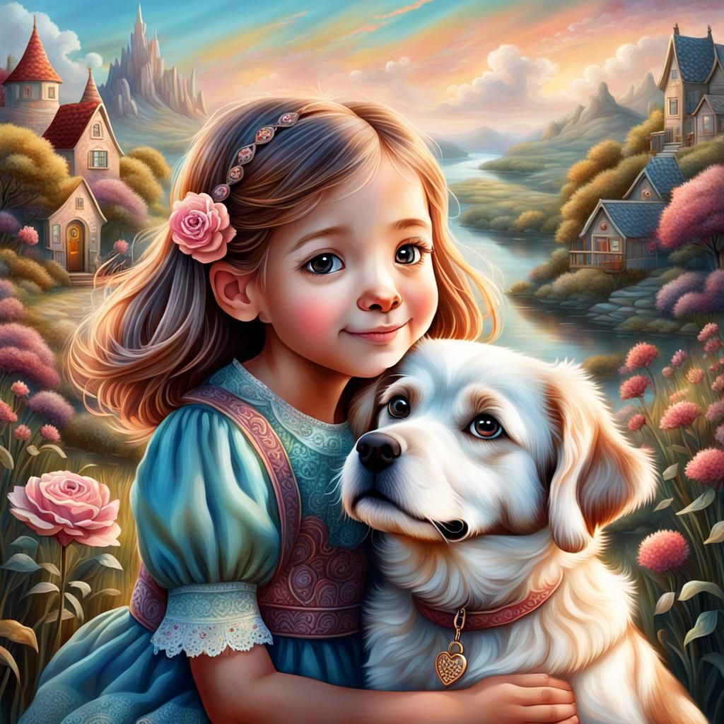 Girl and Dog Portrait in Kawaii Realistic Style
