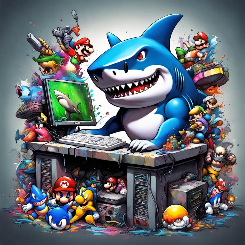 Shark Gamer in Graffiti Art Style with Game Characters