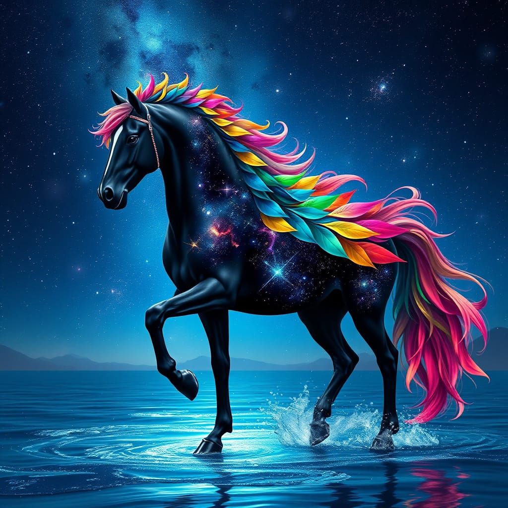 a cosmic black horse, it's coat is the universe, its mane an...