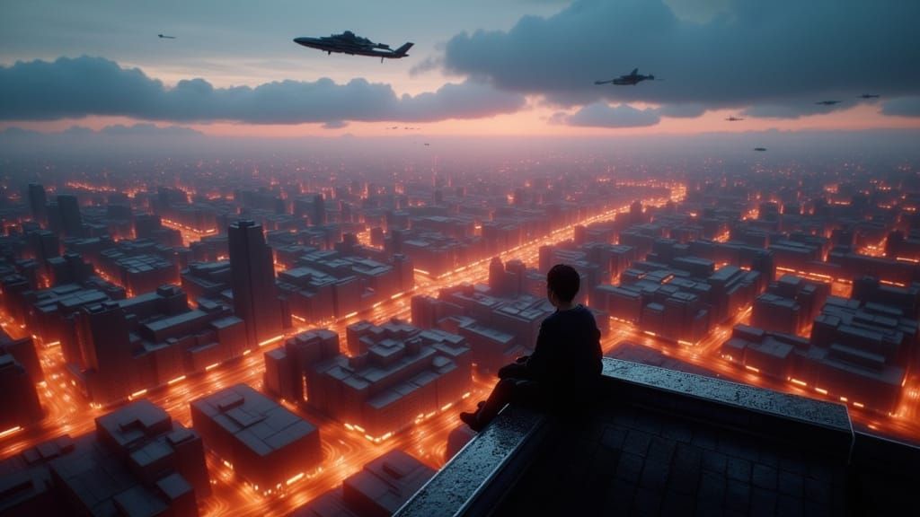 Futuristic Cityscape at Dusk with Lone Figure