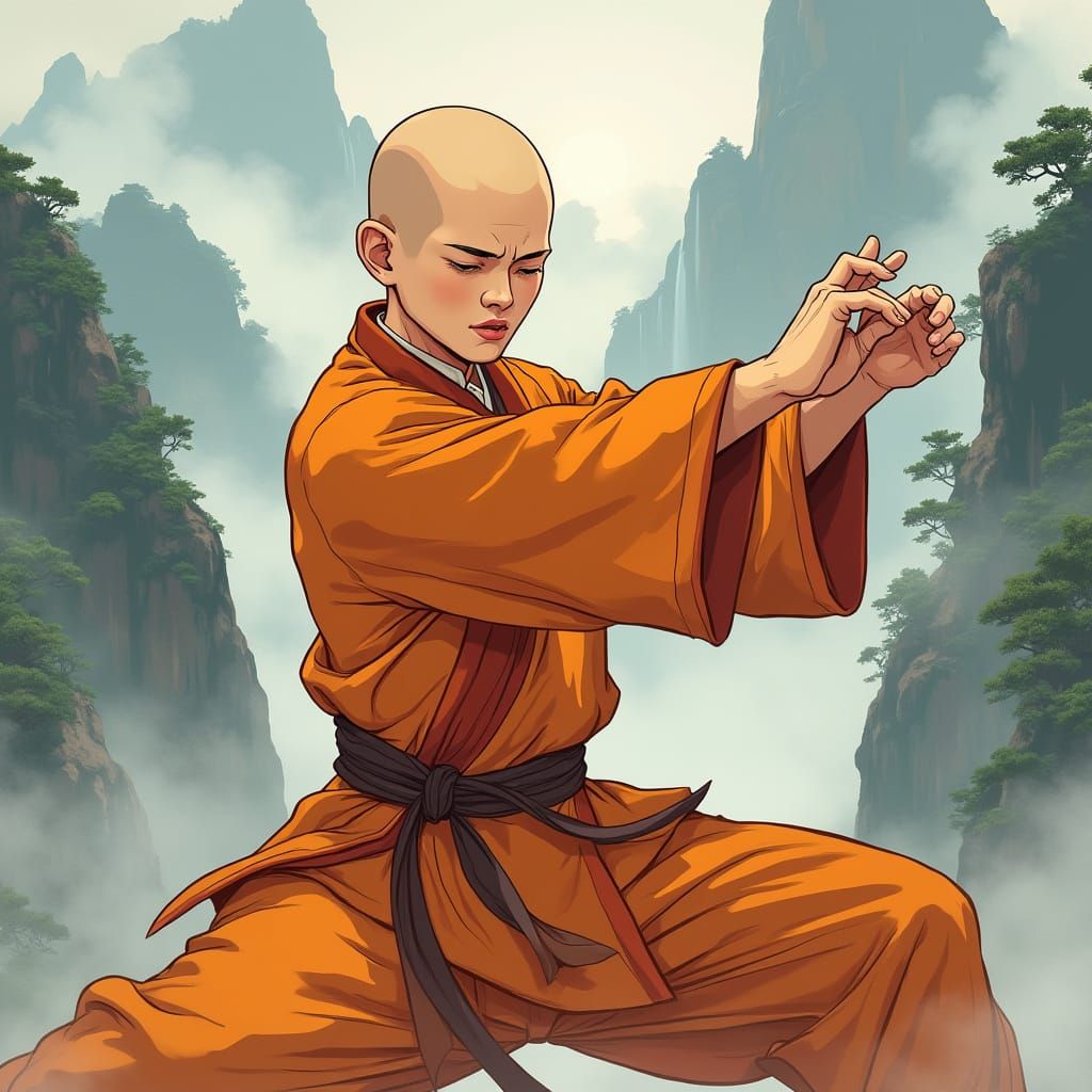 Dynamic Shaolin Monk in Ancient Chinese Landscape