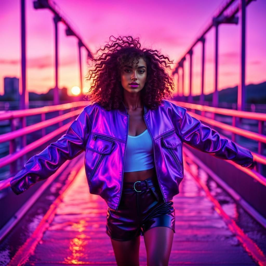 Girl Dancing on Bridge in Synthwave Style