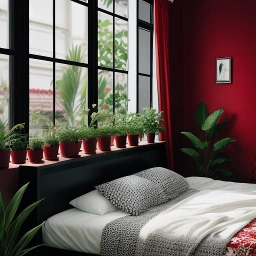 Sleek Black and Red Bedroom with Plants