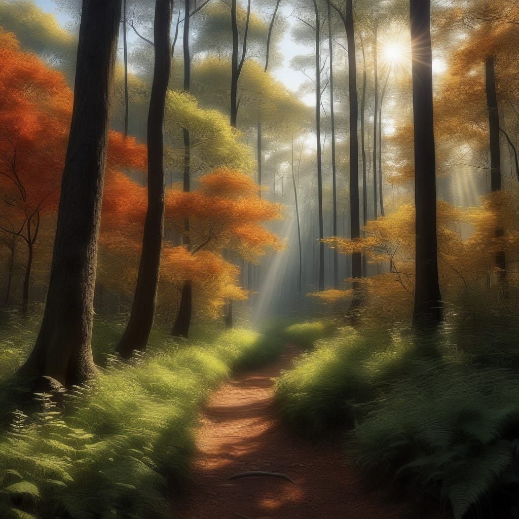 Dense Autumn Forest with Distressed Tree Trunks and Vibrant...