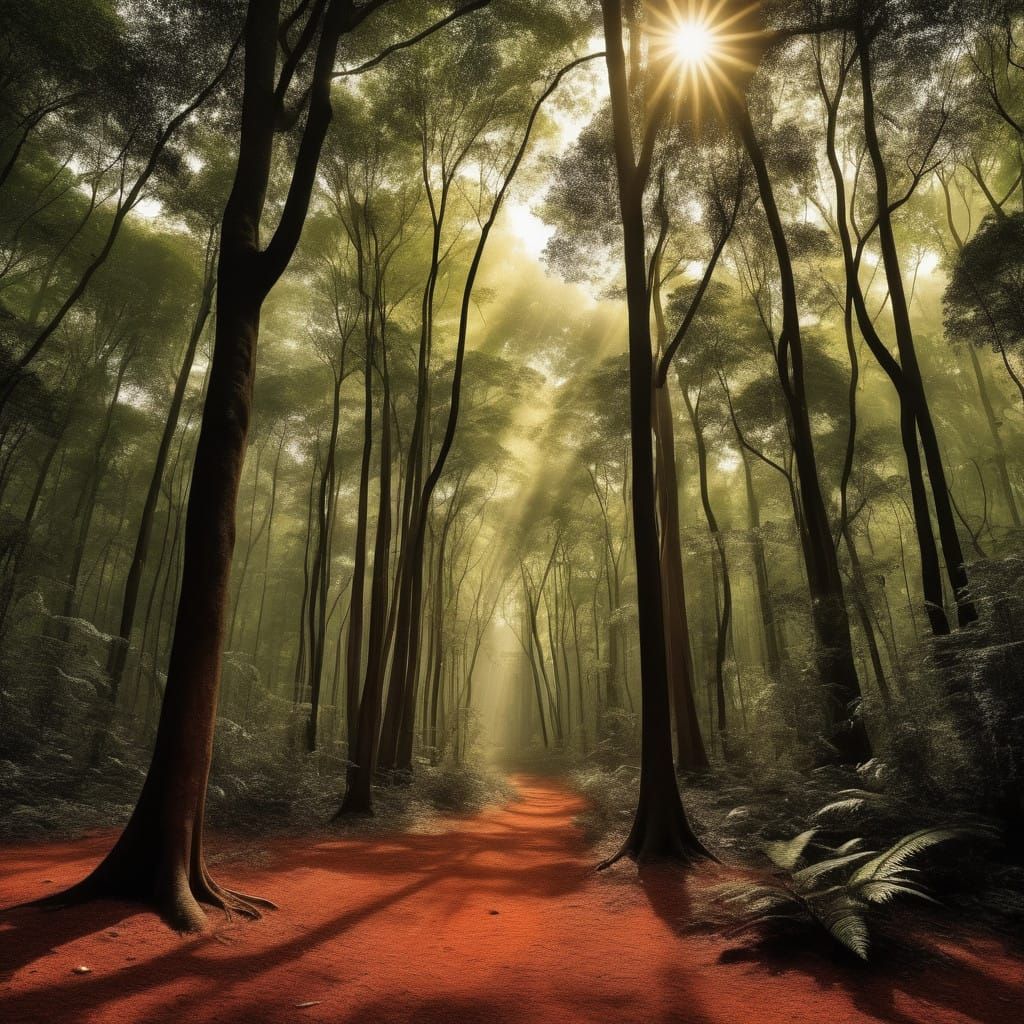 Tropical Forest with Thick Tree Trunks and Golden Light