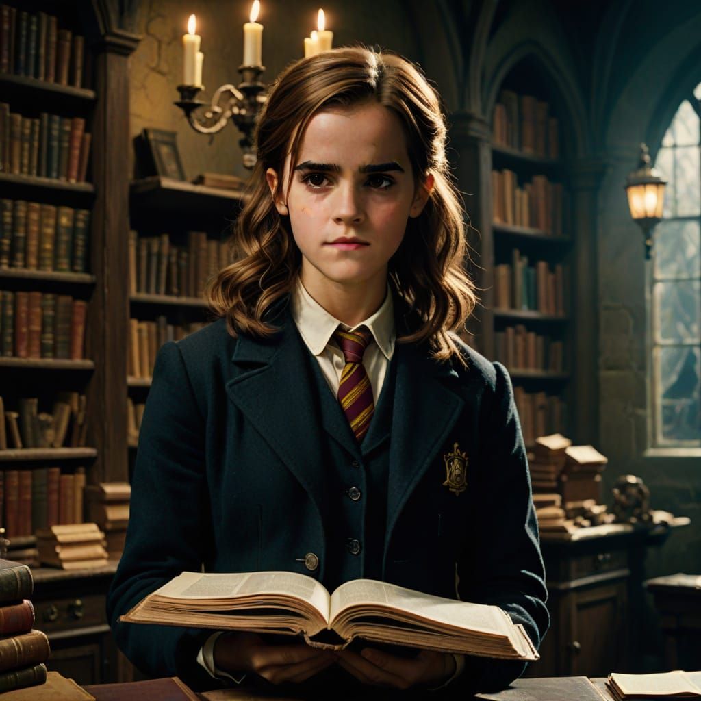 Hermione holding a Charms textbook