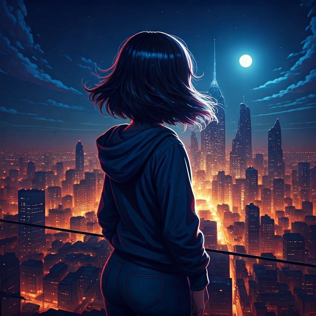 Woman Gazing at City at Night in Fantasy Art