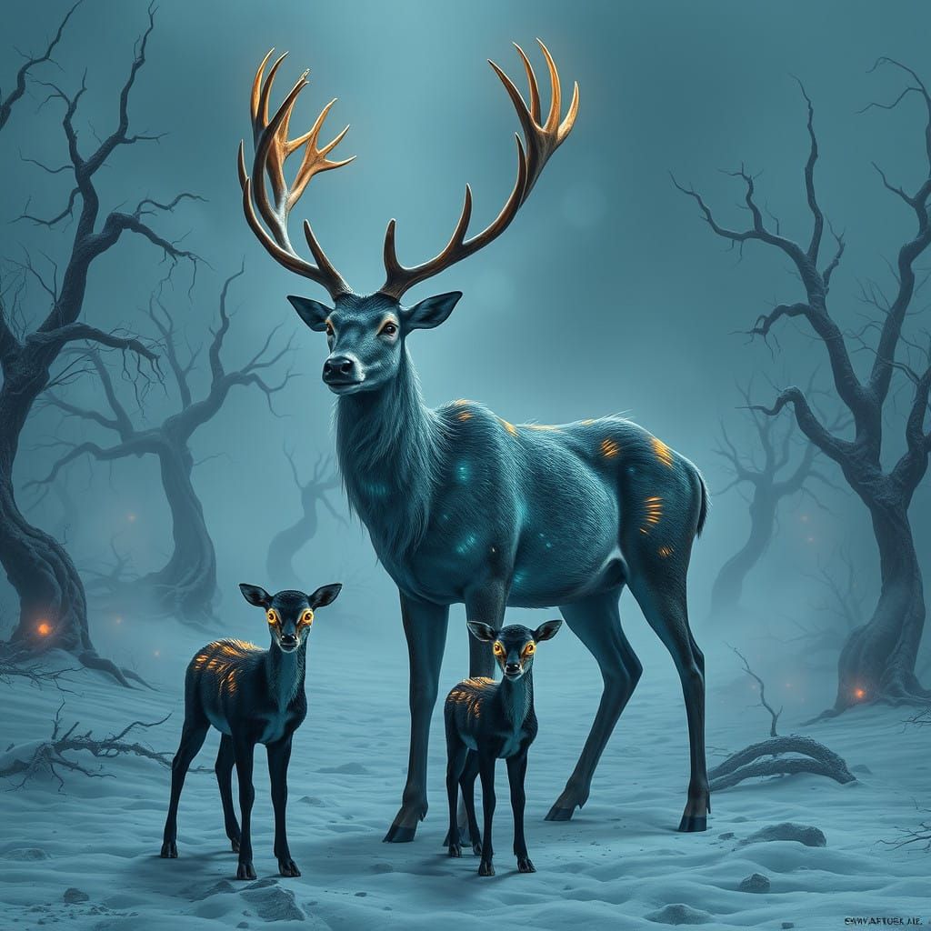 Radiant Mutant Deer Stands Vigilant in a Nuclear Winter Wond...