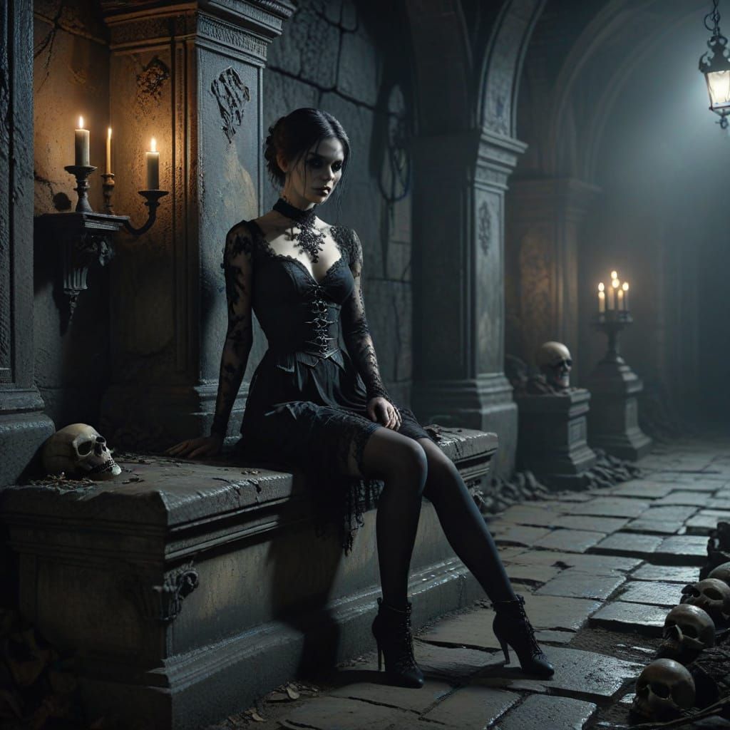 Gothic Woman in Lace Dress in Paris Catacombs