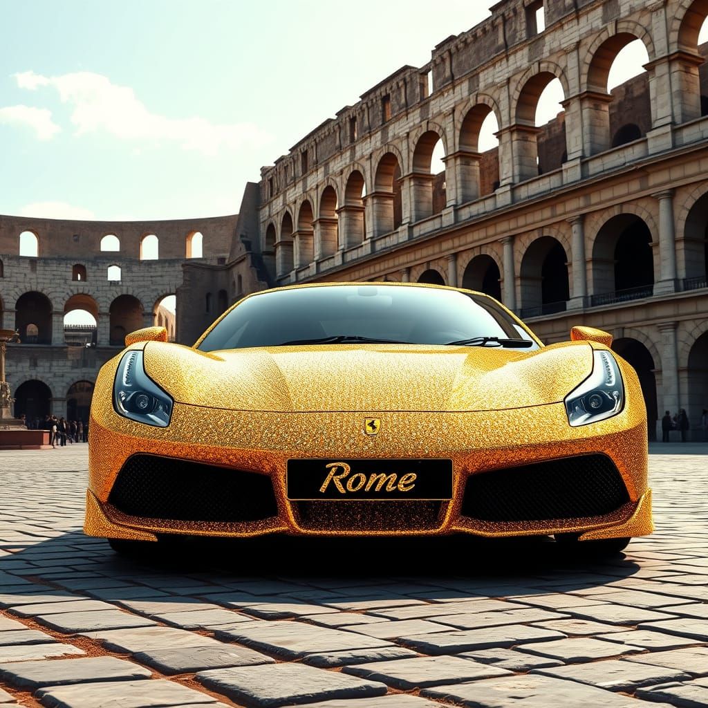 Luxurious Ferrari Roma in Golden Diamonds, Parked in the Col...