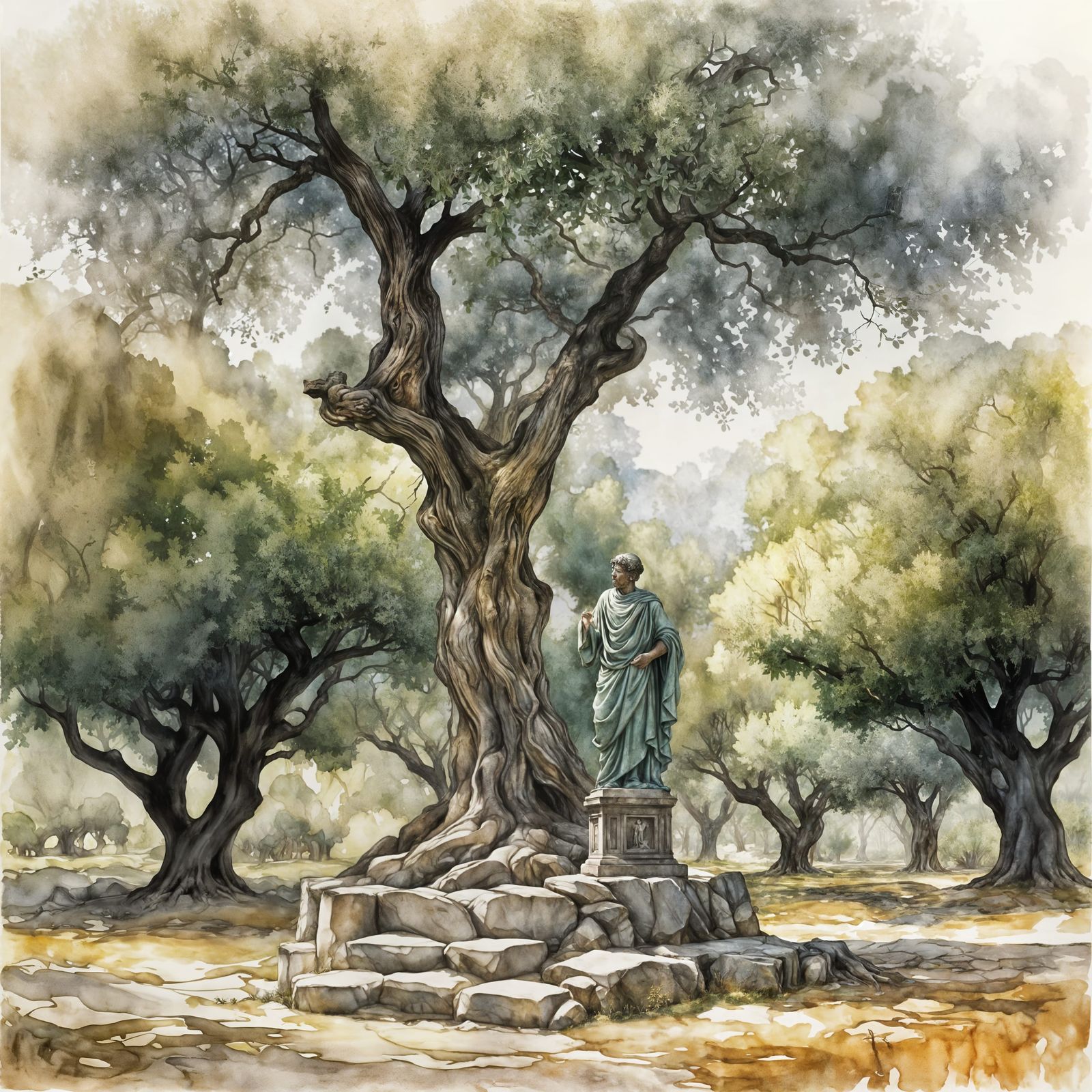 Athena Statue in Ancient Olive Grove Sanctuary