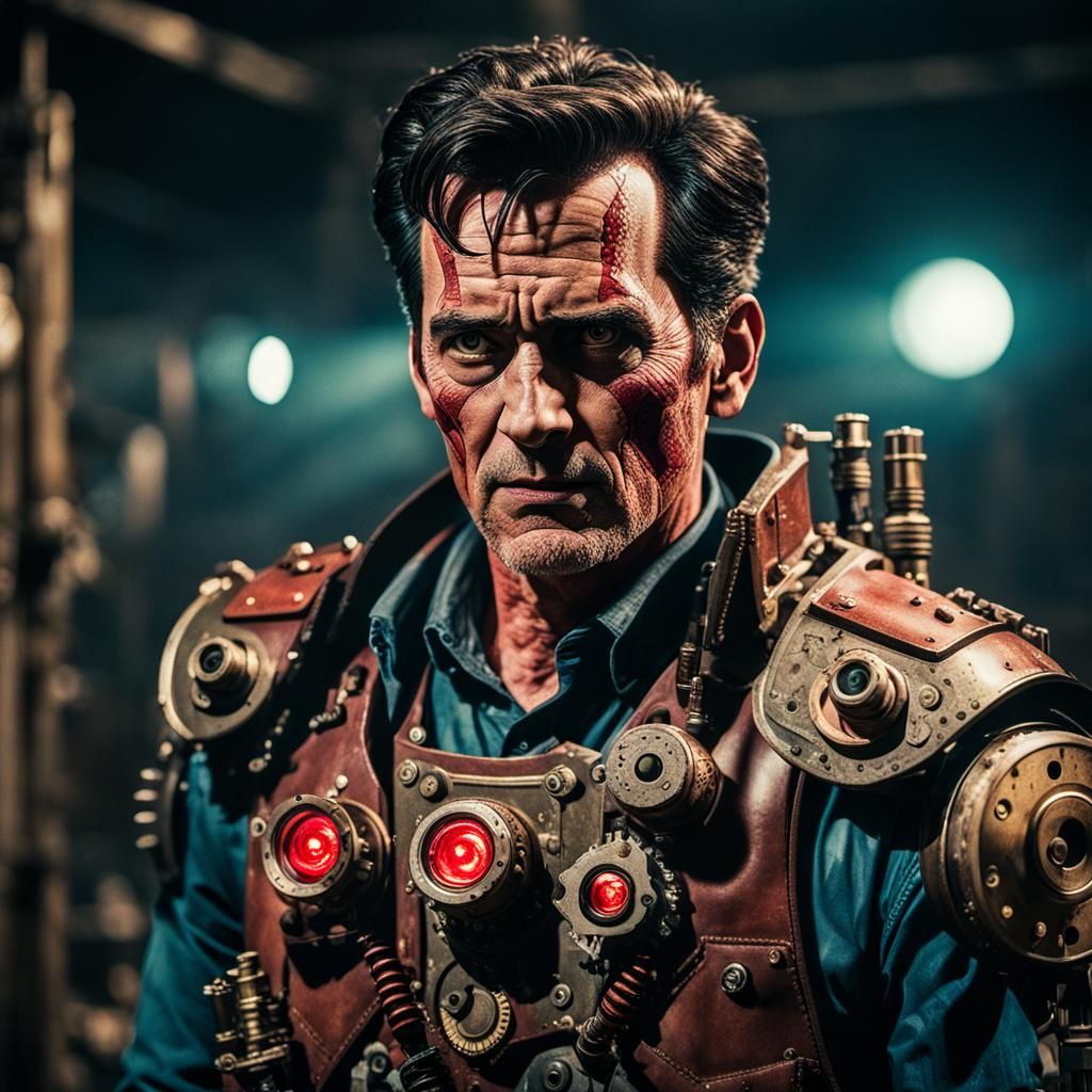 Steampunk Cyborg in Cinematic Film Still