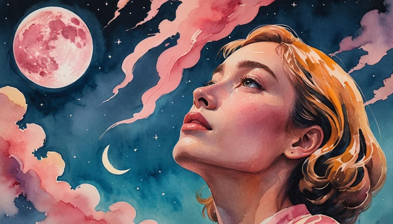 Dreamy Watercolor Couple Under Distorted Moon