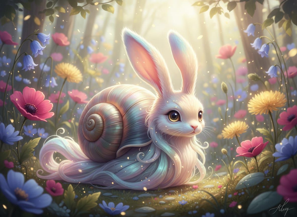 Whimsical Rabbit-Snail Creature in Ethereal Meadow