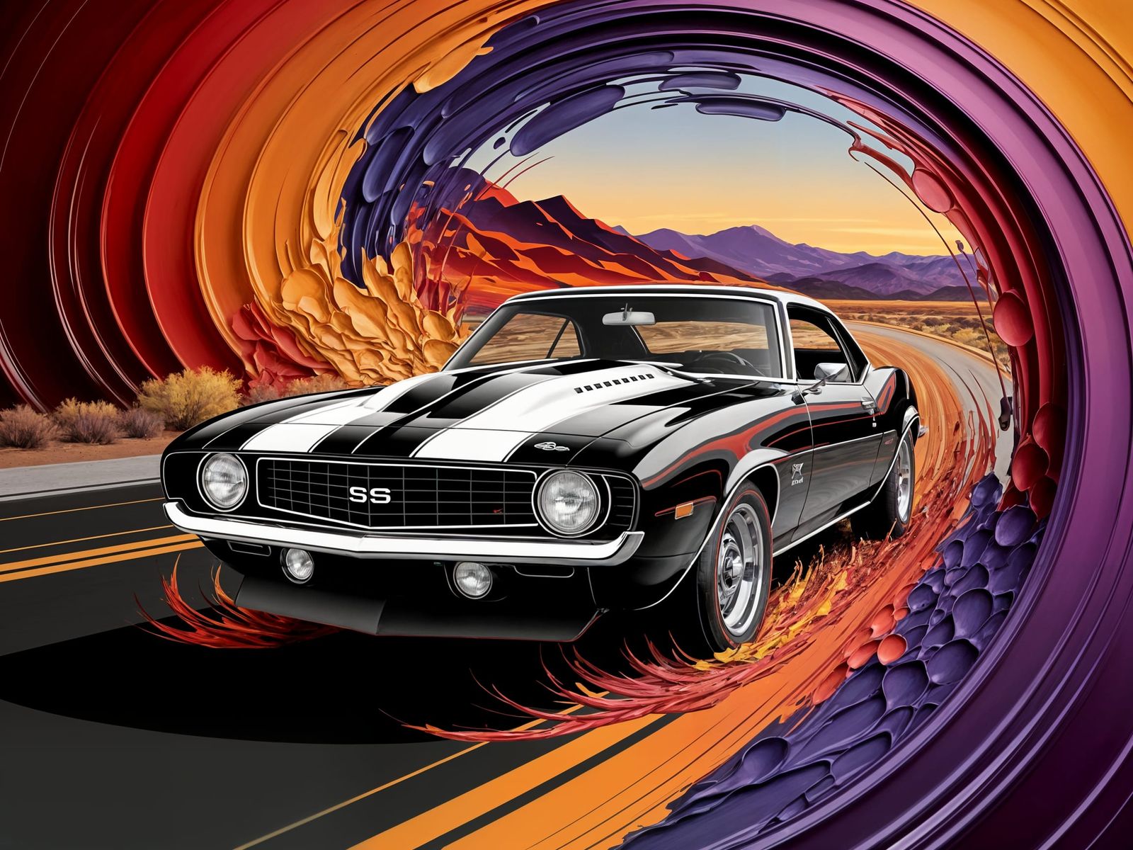 1969 Camaro Speeds Down Route 66 in Abstract Vortex