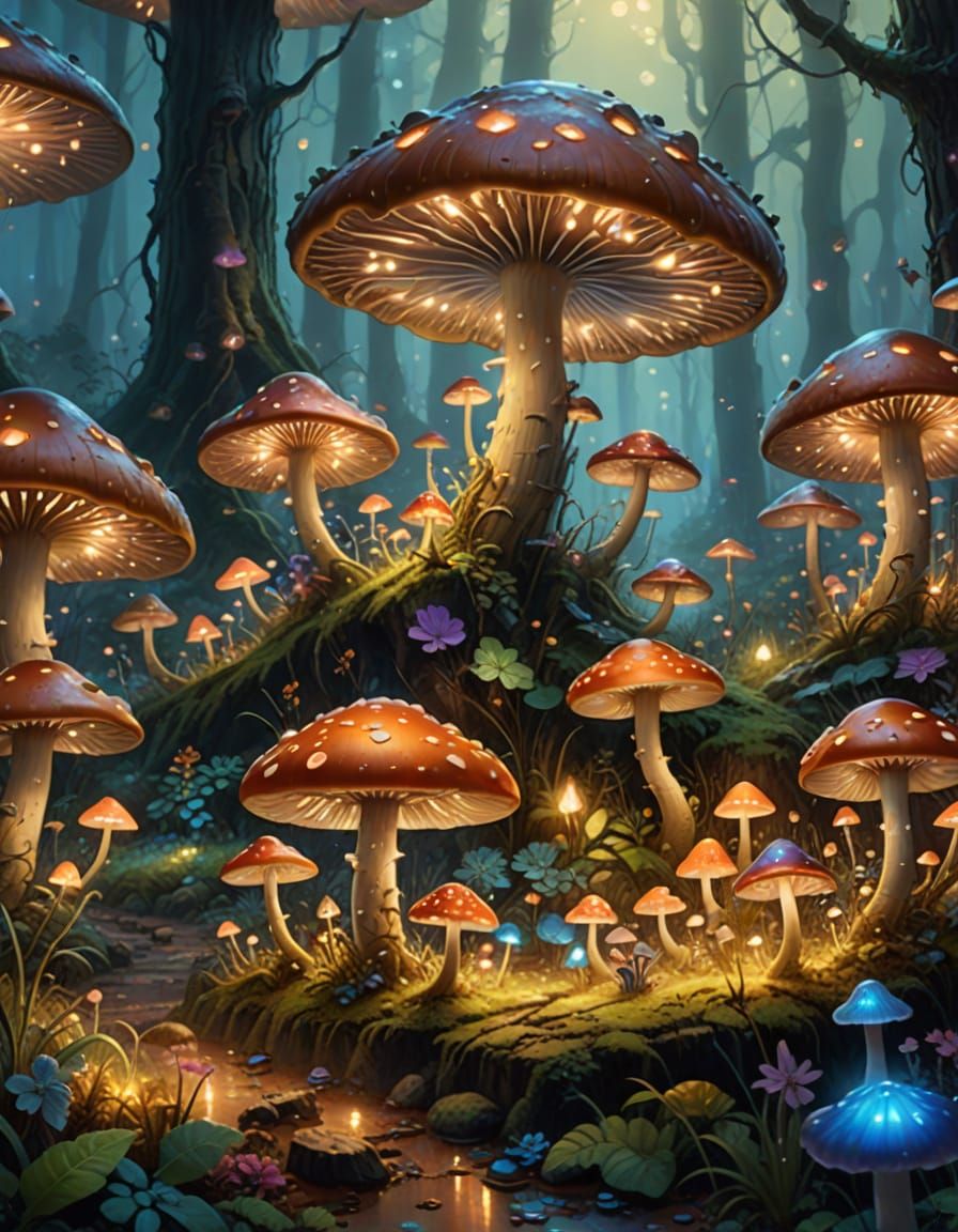 Glowing Mushrooms Tower Over Tiny Creatures in Dreamlike Fan...