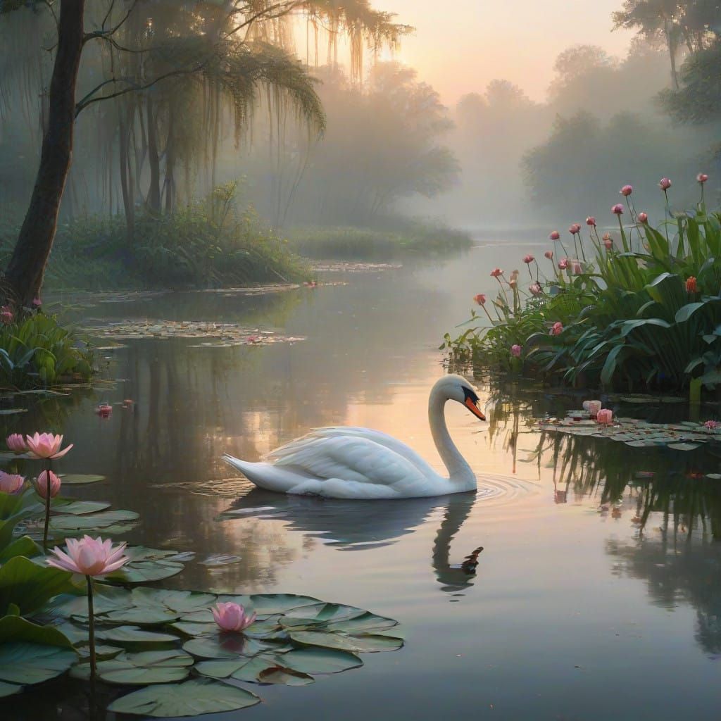 Swan Family in Ethereal Landscape