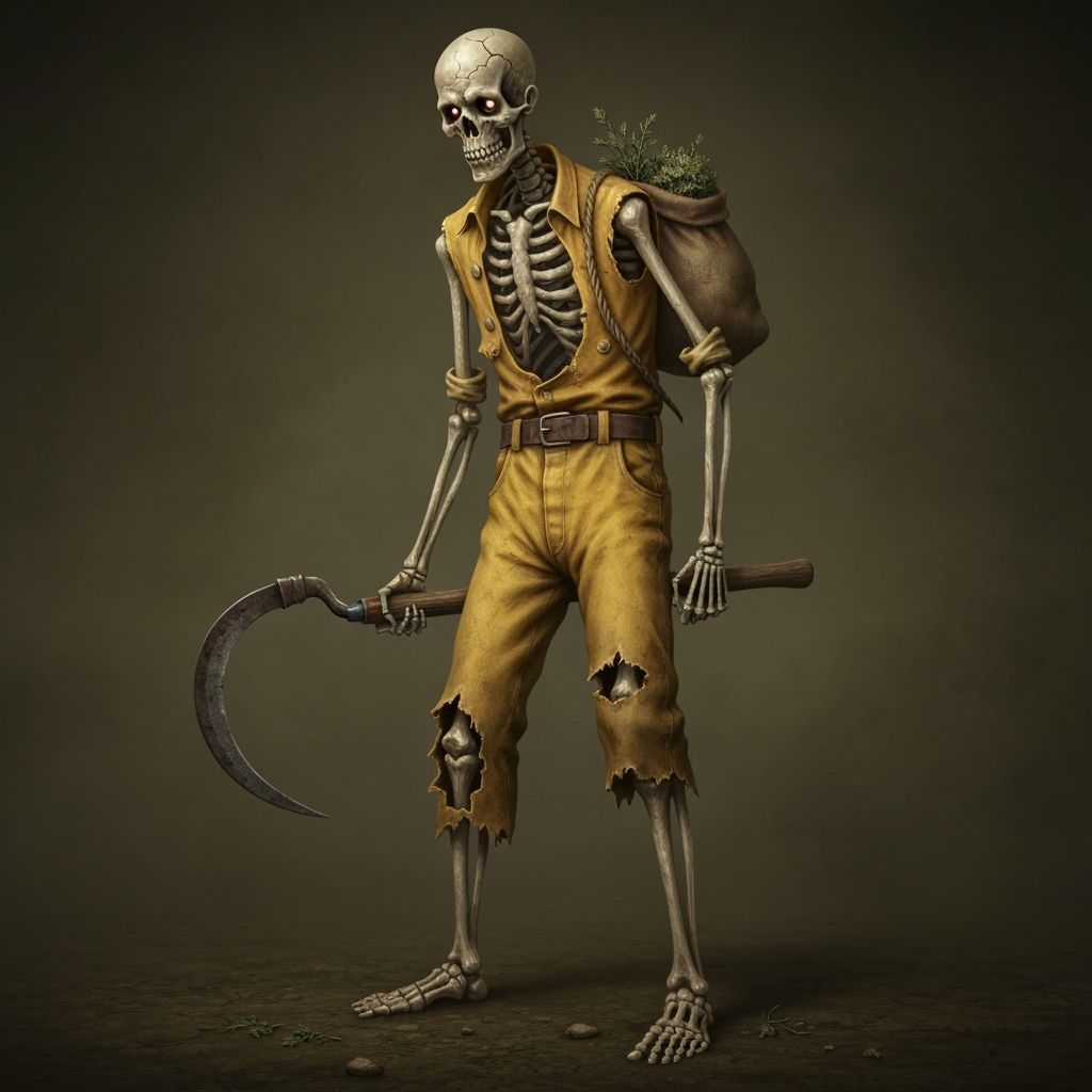 Gaunt Farmer Skeleton Clutching Sickle in Macabre Fantasy St...