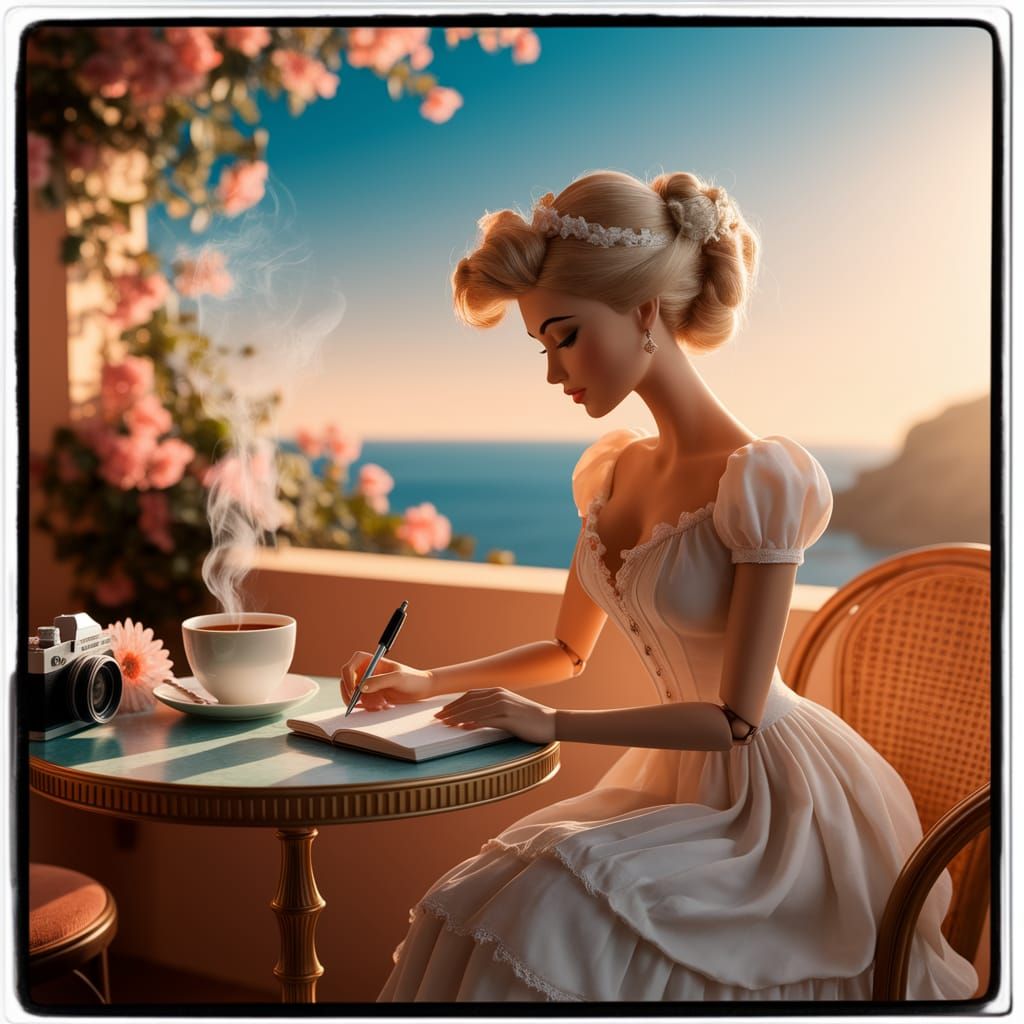 Doll-Like Woman Writes Journal at Cafe Terrace in Golden Lig...