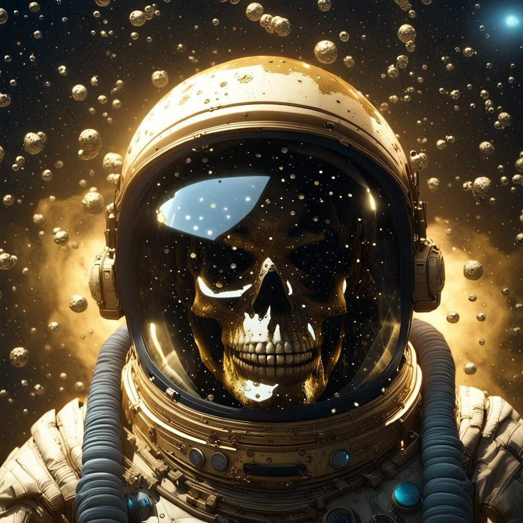 Astronaut in Golden Skull Mask Floating in Space