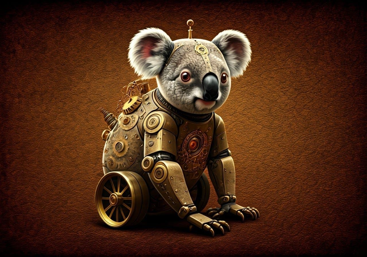 Steampunk Clockwork Koala Robot with Brass Cogs