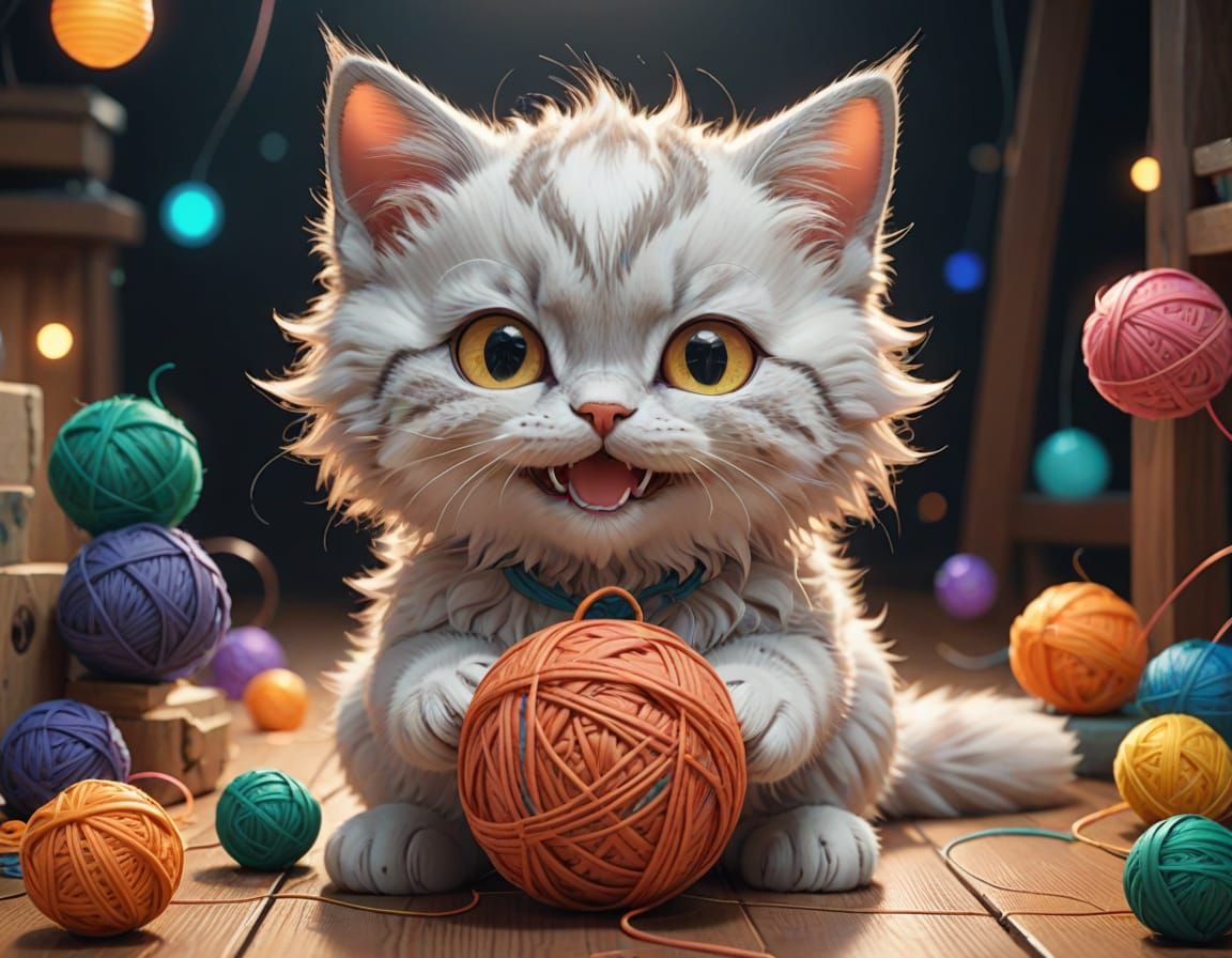 Whimsical Cartoon Kitten Smiles with Yarn
