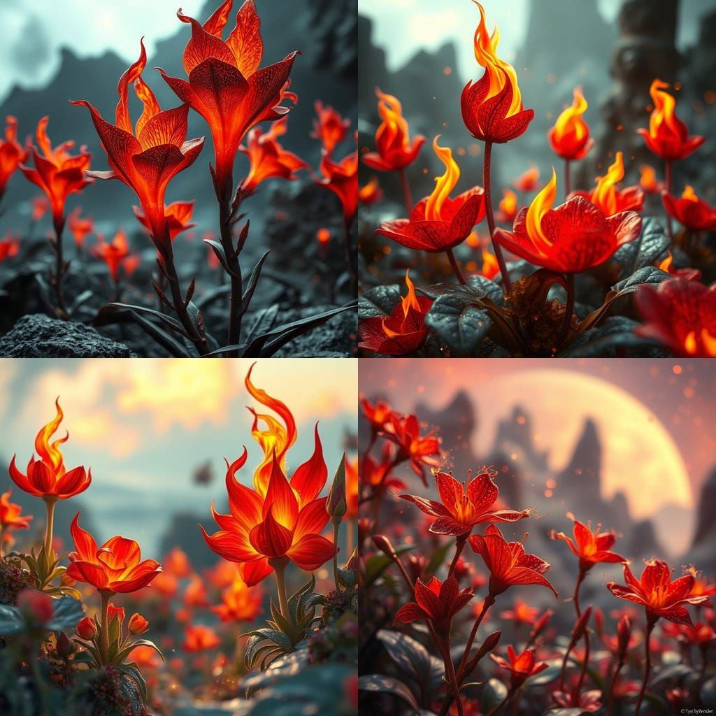 Surrealist Planet Blooms with Flaming Flowers in Cyberpunk S...