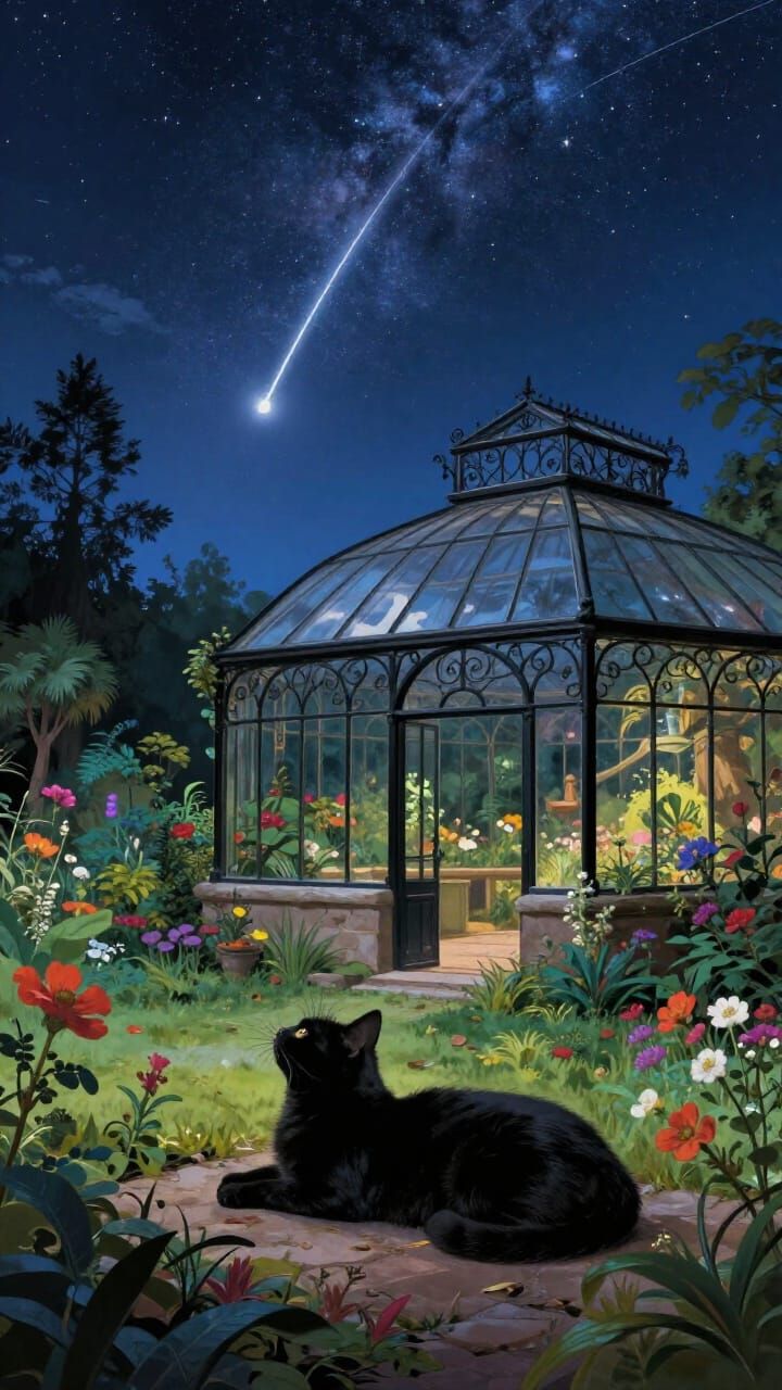 Cat Watches Meteor Shower in Victorian Greenhouse