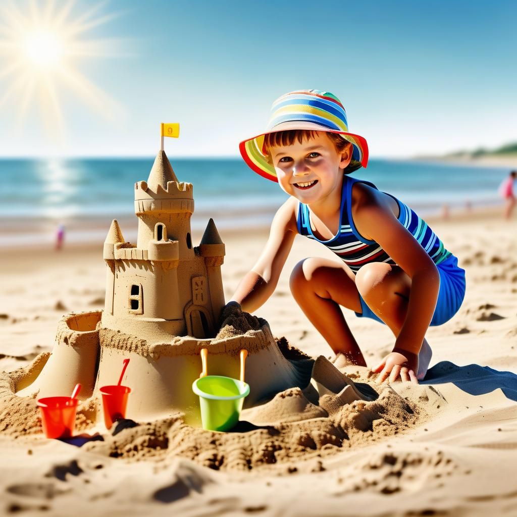 Happy Child Builds Sandcastle on Beach