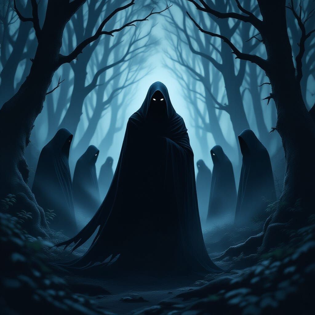 Faceless Figures Gather in Shadowy Night