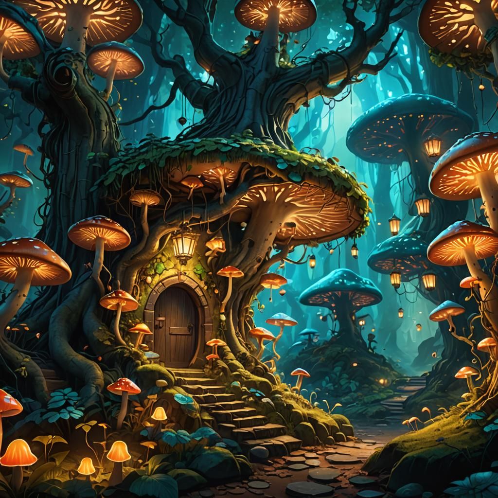 Mystical Forest Shelter with Glowing Mushrooms