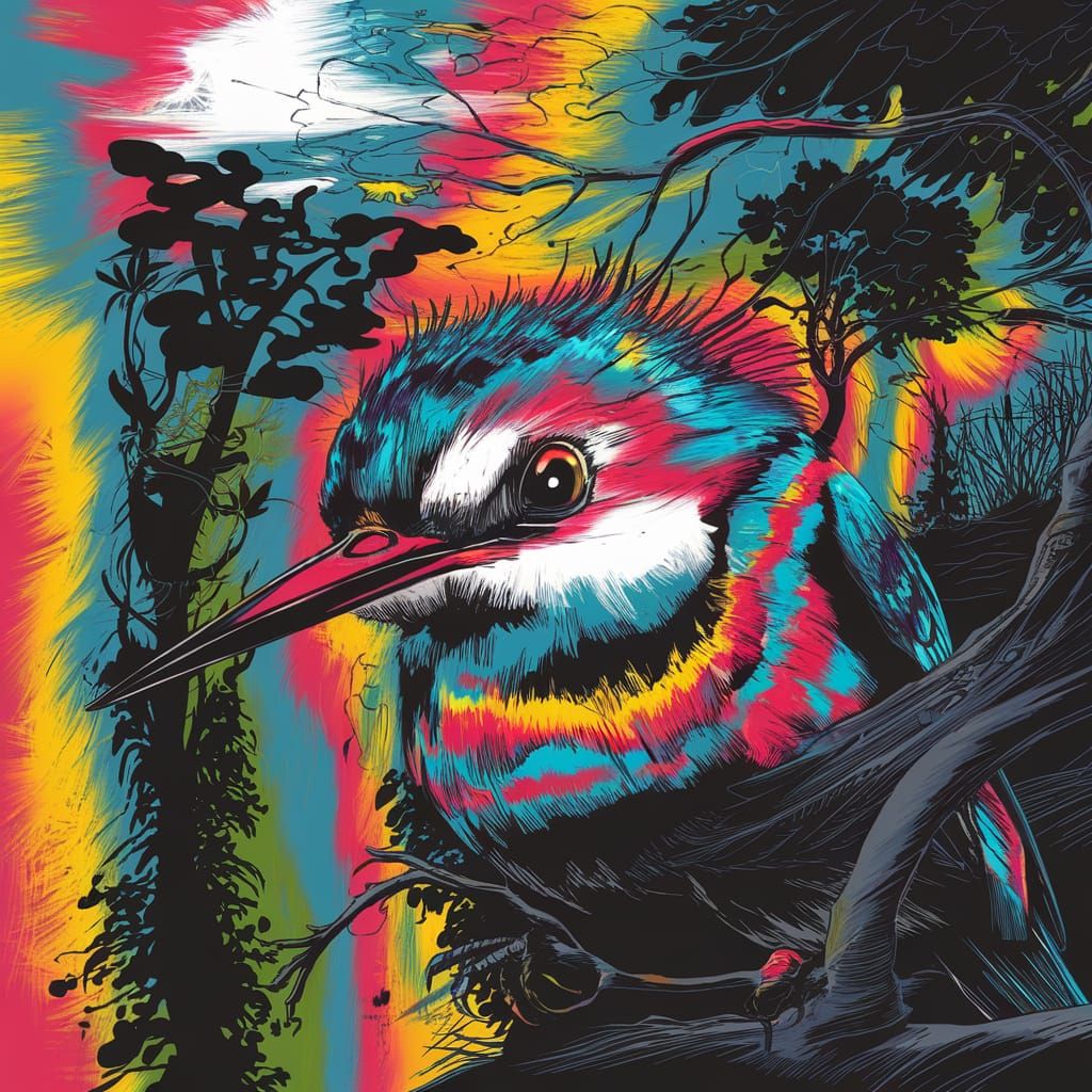 Psychedelic Kingfisher Bird in Vivid Colors