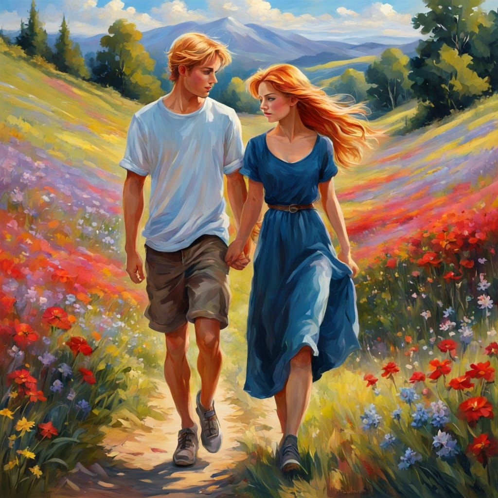 Blond Boy and Red-Haired Girl Walking Among Wildflowers