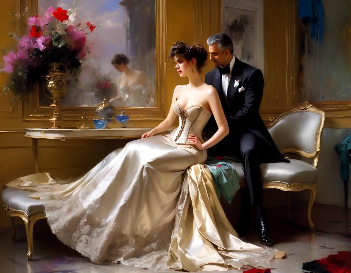 Elegant Aristocrat Dress Shopping as Oil Painting