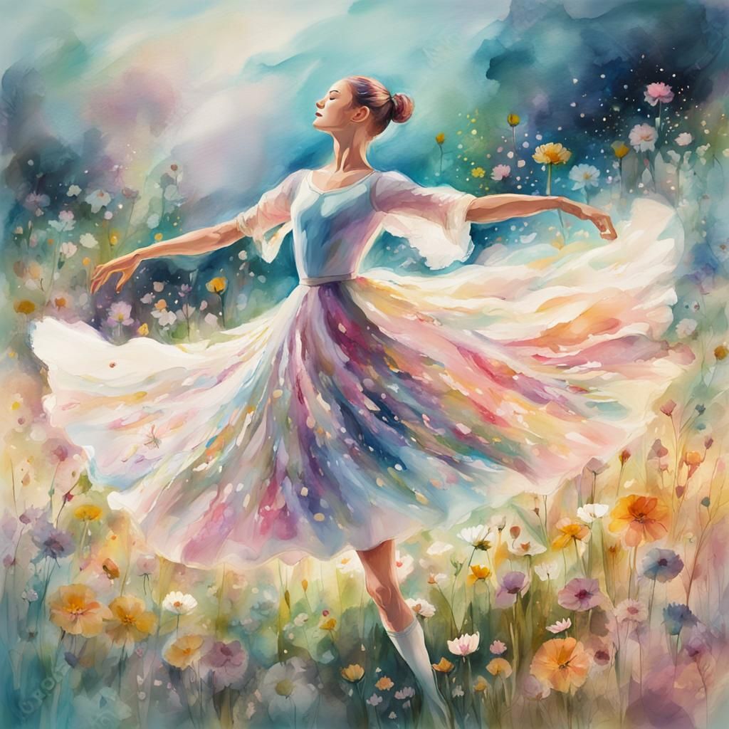 Ballerina Dances in Meadow, Impressionist Mixed Media