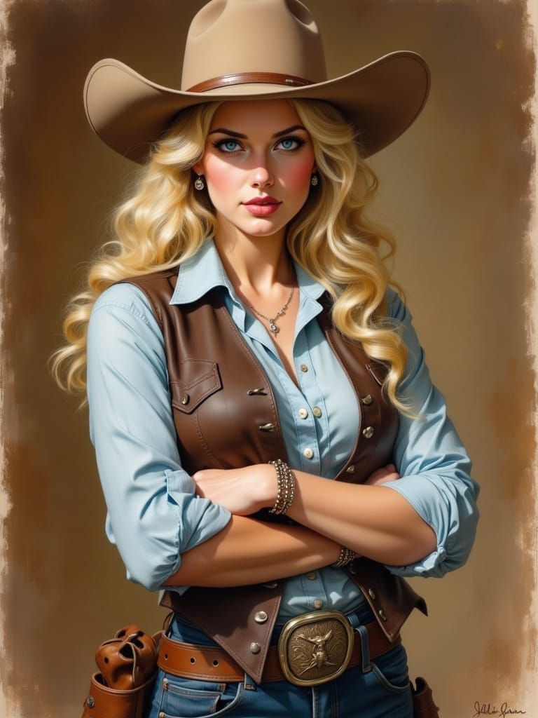Painterly Portrait of Blonde Woman in Cowboy Hat