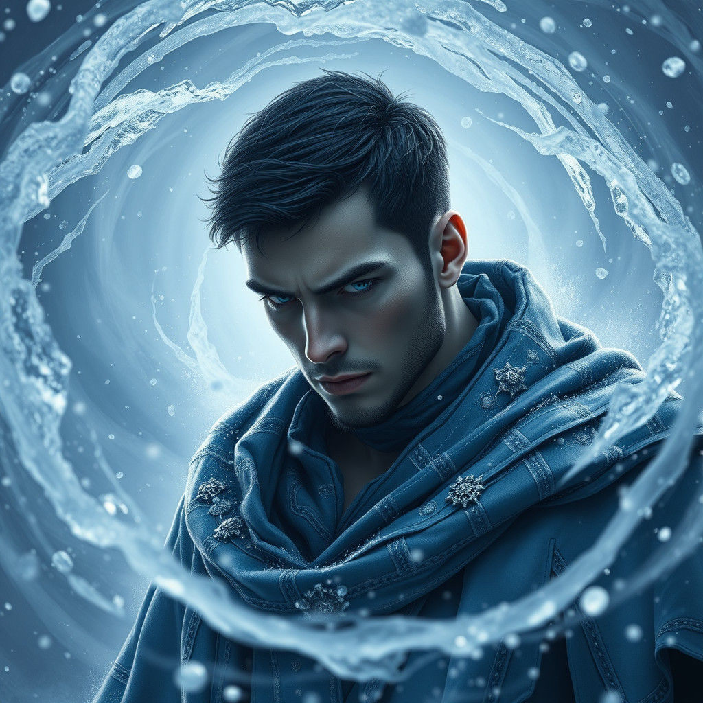 Brooding Ice Mage in a Swirling Vortex