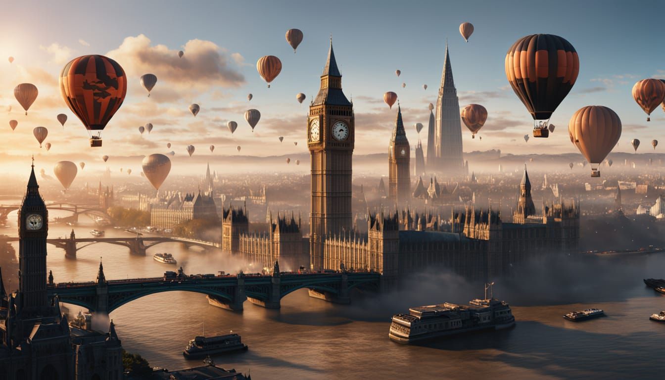 Victorian Hot Air Balloons Over London: Fantasy Concept Art