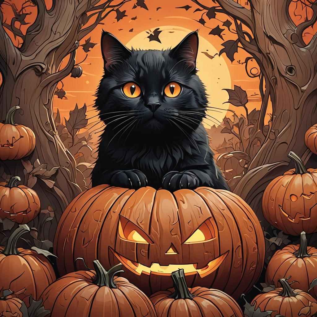 Cute Black Cat and Jack-o'-Lantern: 3D Digital Art