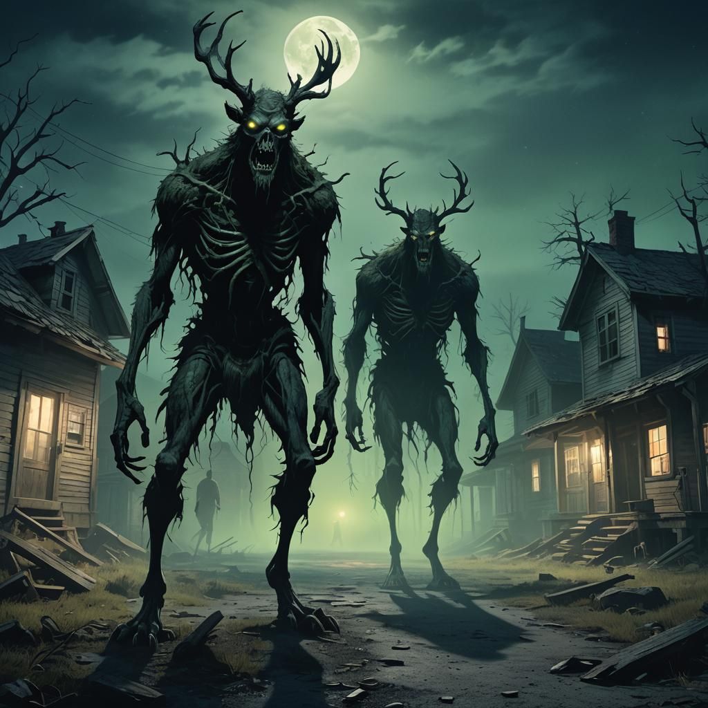 Eerie Wendigo Illustration in Abandoned Town