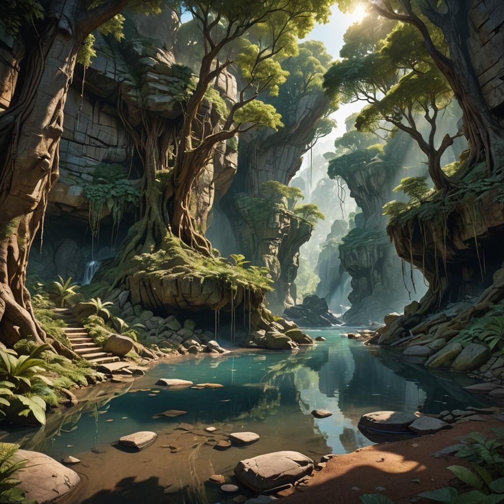 Reflective Cliffside Oasis in Detailed Digital Art