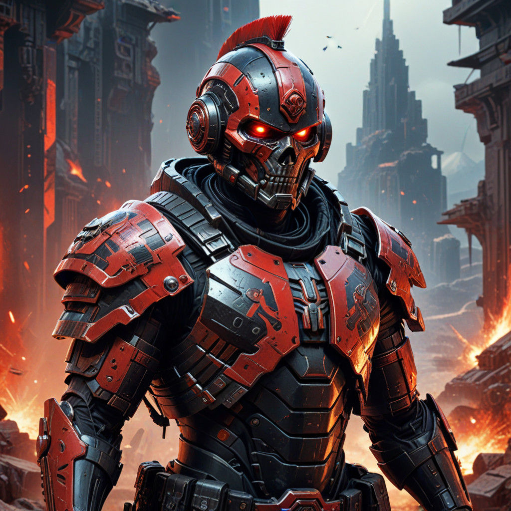 Cyberpunk Warrior with Ancient Armor, Red and Black Landscap...